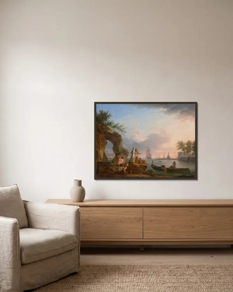 Hafenblick bei Sonnenuntergang mit Fischern und einem Paar in orientalischer Kleidung von Claude-Joseph Vernet gerahmt an einer Wand