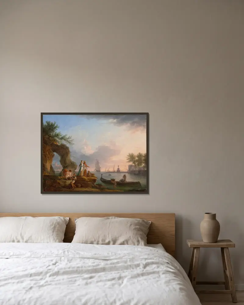 Hafenblick bei Sonnenuntergang mit Fischern und einem Paar in orientalischer Kleidung von Claude-Joseph Vernet gerahmt an einer Wand