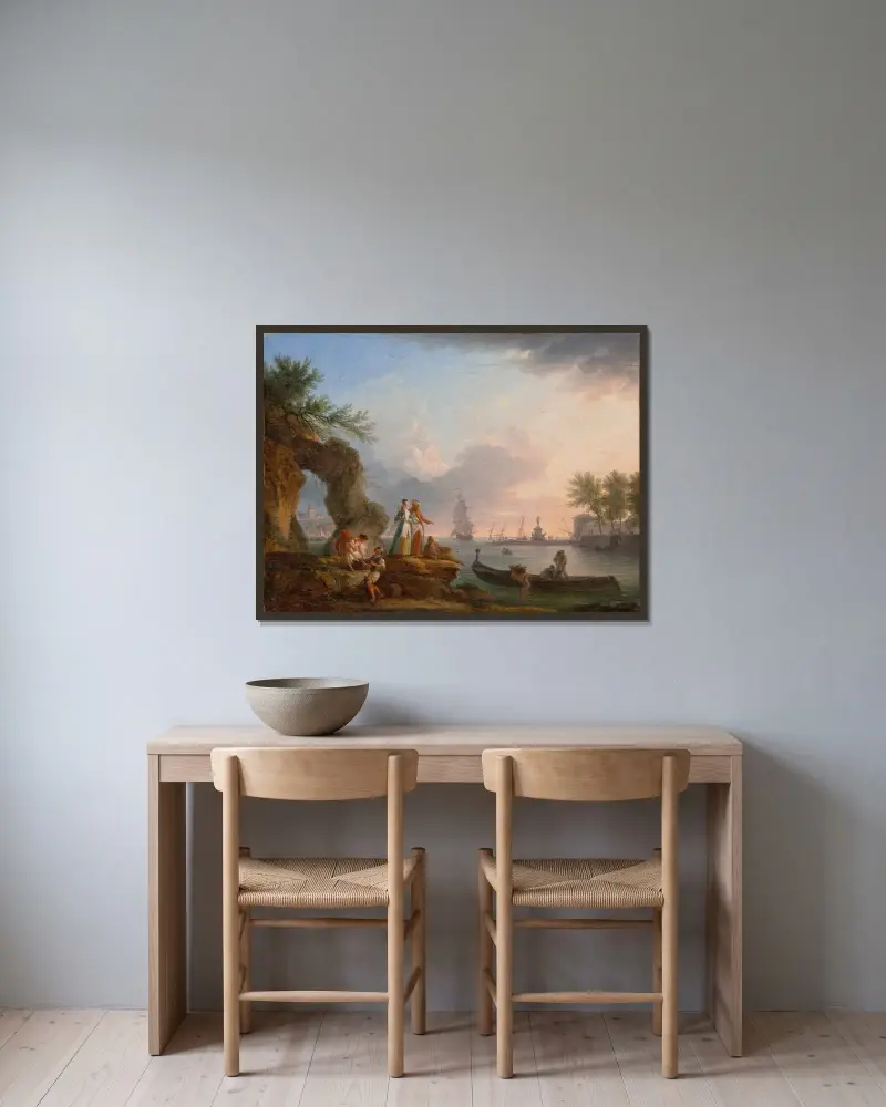 Hafenblick bei Sonnenuntergang mit Fischern und einem Paar in orientalischer Kleidung von Claude-Joseph Vernet gerahmt an einer Wand