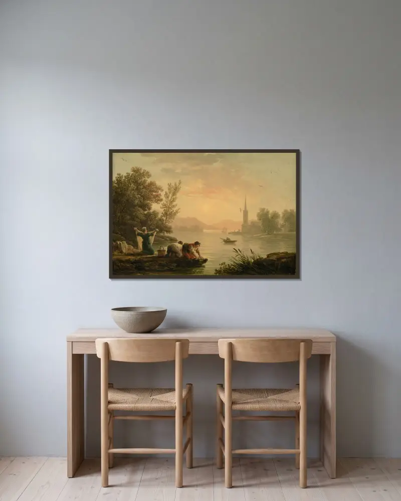 Tvätterskor vid en sjö av Claude-Joseph Vernet inramad på en vägg