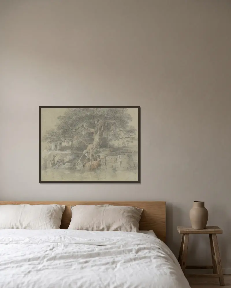 Ein sterbender Hindu wird zum Ganges gebracht von Johan Joseph Zoffany gerahmt an einer Wand