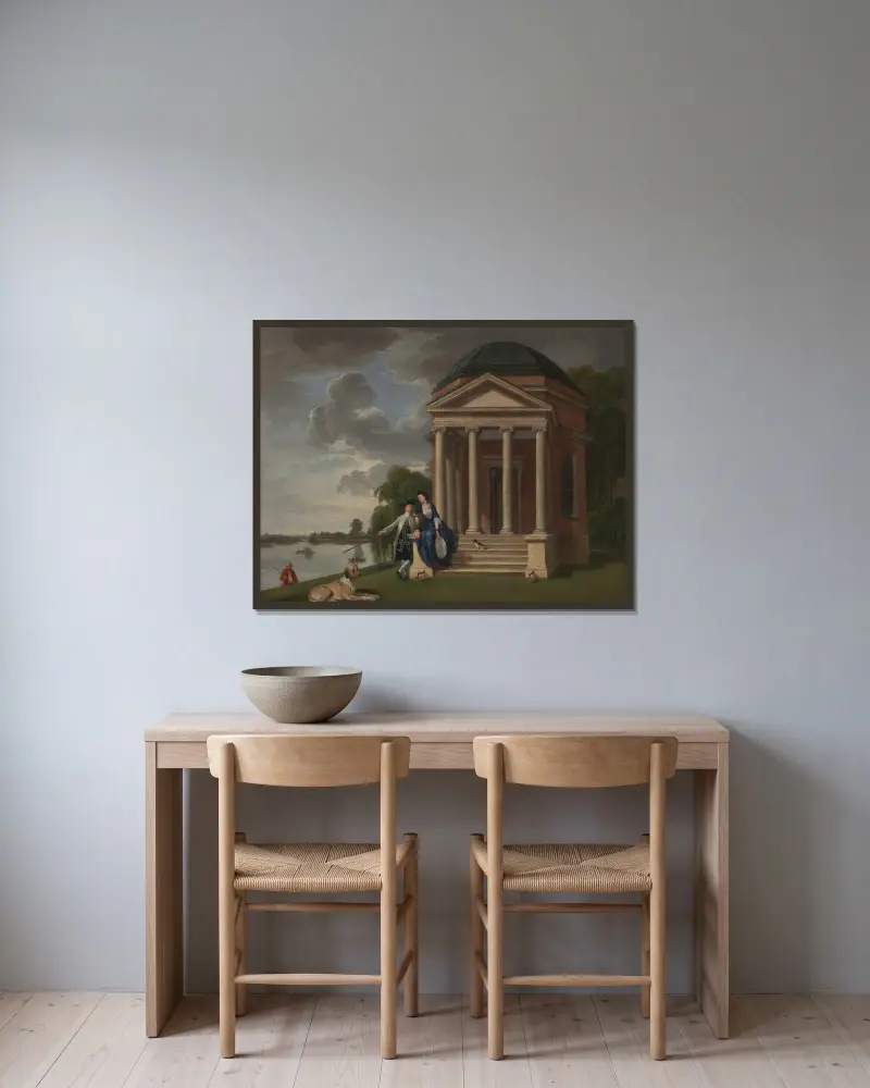 David Garrick und seine Frau bei seinem Shakespeare-Tempel, Hampton von Johan Joseph Zoffany gerahmt an einer Wand