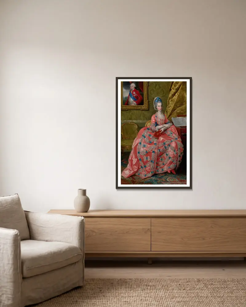 Porträtt av ärkehertiginnan Maria Amalia av Österrike, hertiginna av Parma av Johan Joseph Zoffany inramad på en vägg