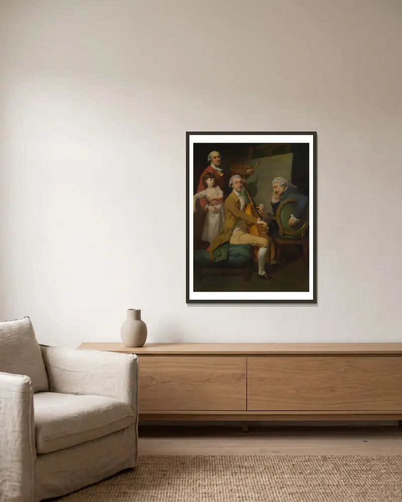 Självporträtt med dottern Maria Theresa, James Cervetto och Giacobbe Cervetto av Johan Joseph Zoffany inramad på en vägg