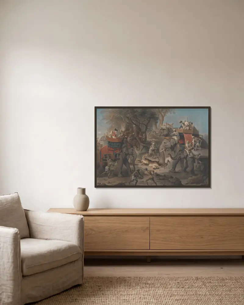 Tiger Hunting in the East Indies av Johan Joseph Zoffany inramad på en vägg