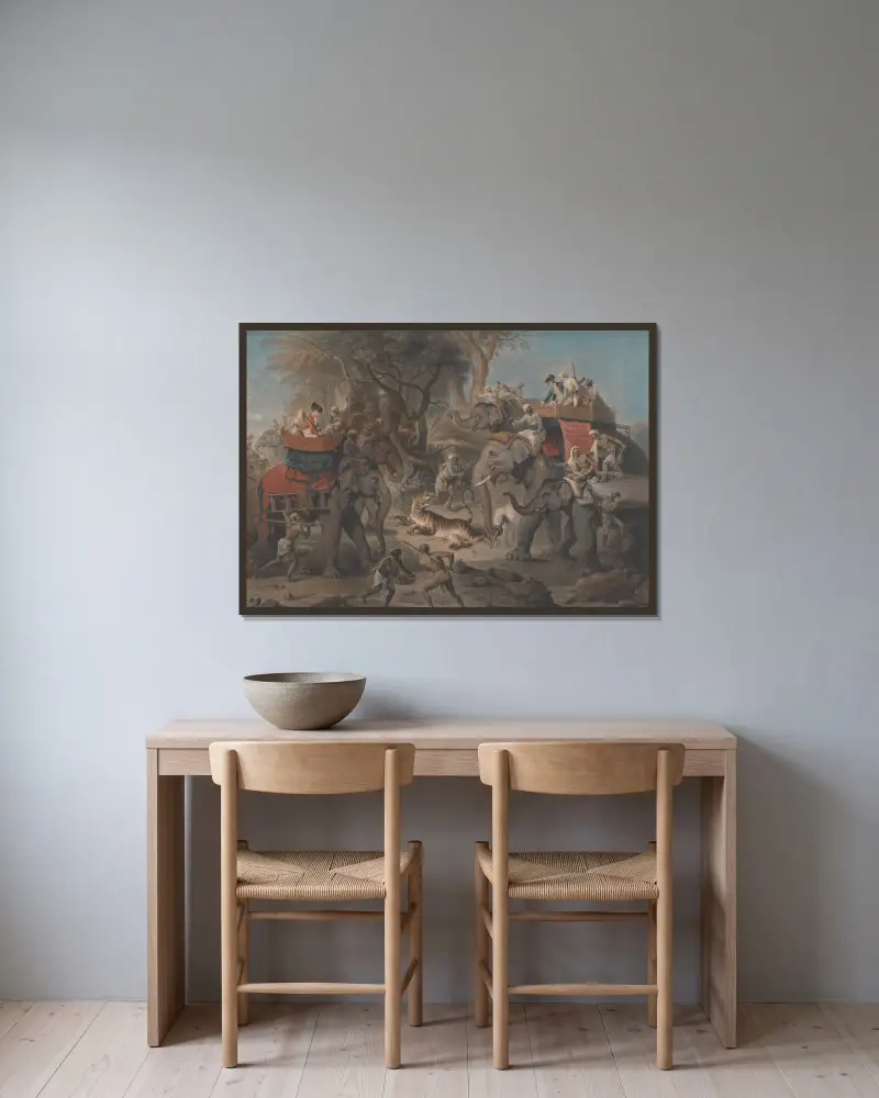 Tiger Hunting in the East Indies av Johan Joseph Zoffany inramad på en vägg