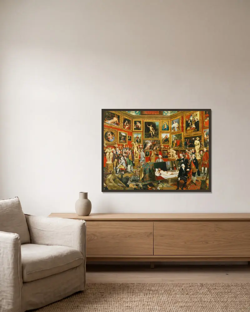 Tribuna of the Uffizi av Johan Joseph Zoffany inramad på en vägg