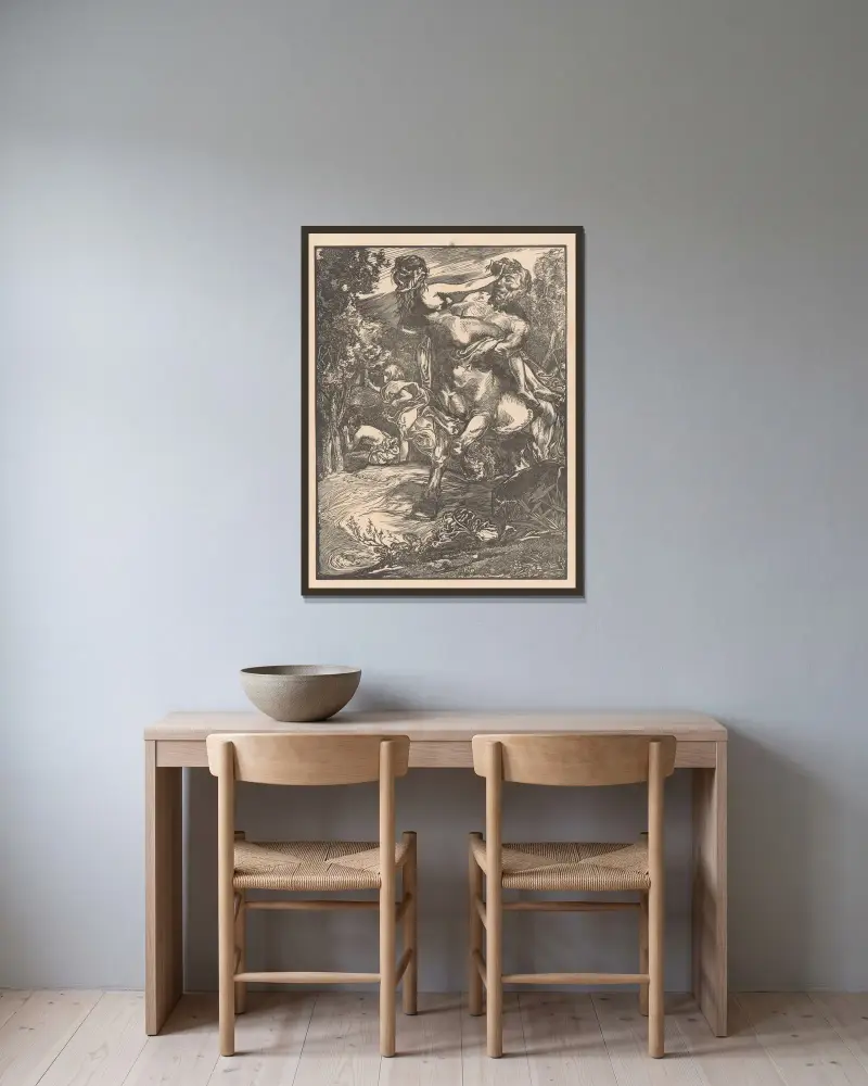 Kentaur som bortför en kvinna av Johannes Josephus Aarts inramad på en vägg
