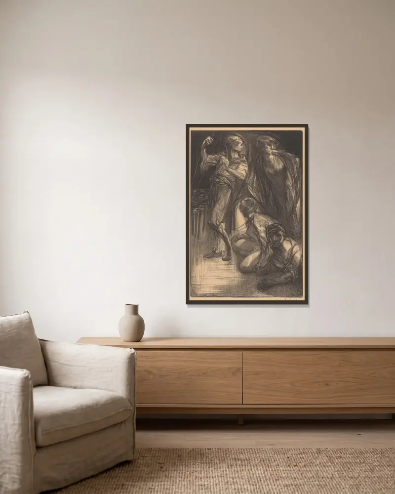 De Dood met twee mannen en een vrouw av Johannes Josephus Aarts inramad på en vägg