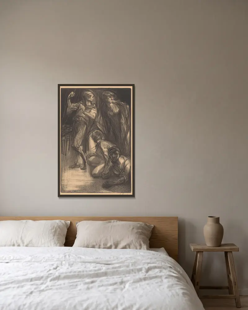 De Dood met twee mannen en een vrouw av Johannes Josephus Aarts inramad på en vägg