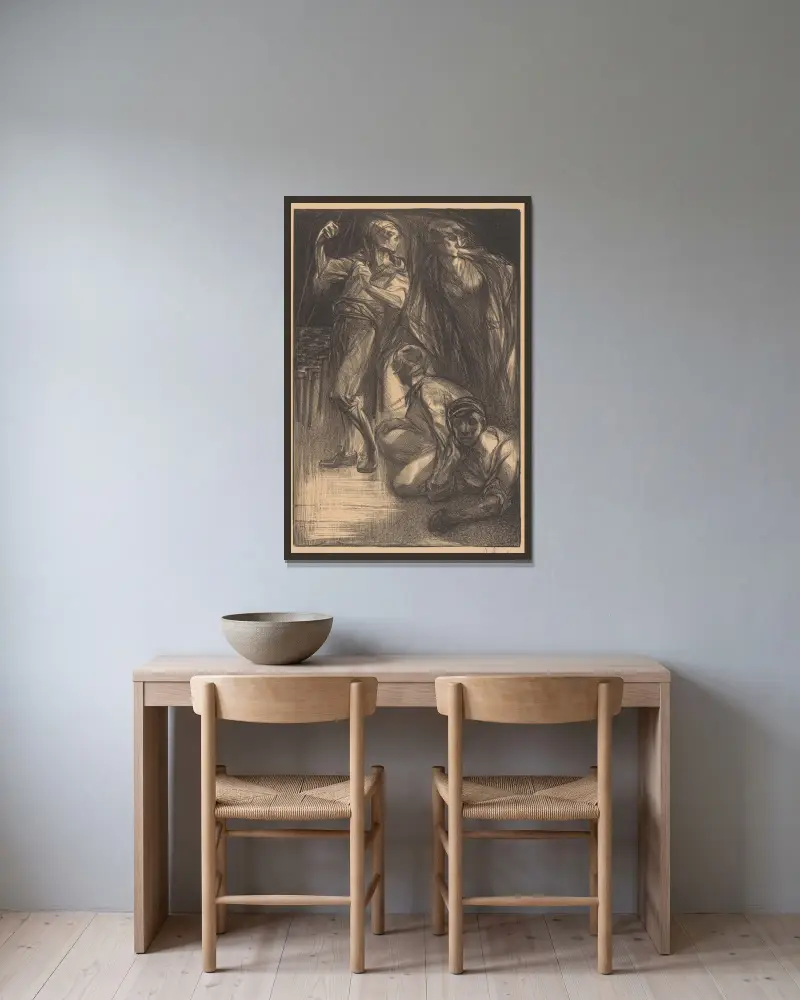 De Dood met twee mannen en een vrouw av Johannes Josephus Aarts inramad på en vägg