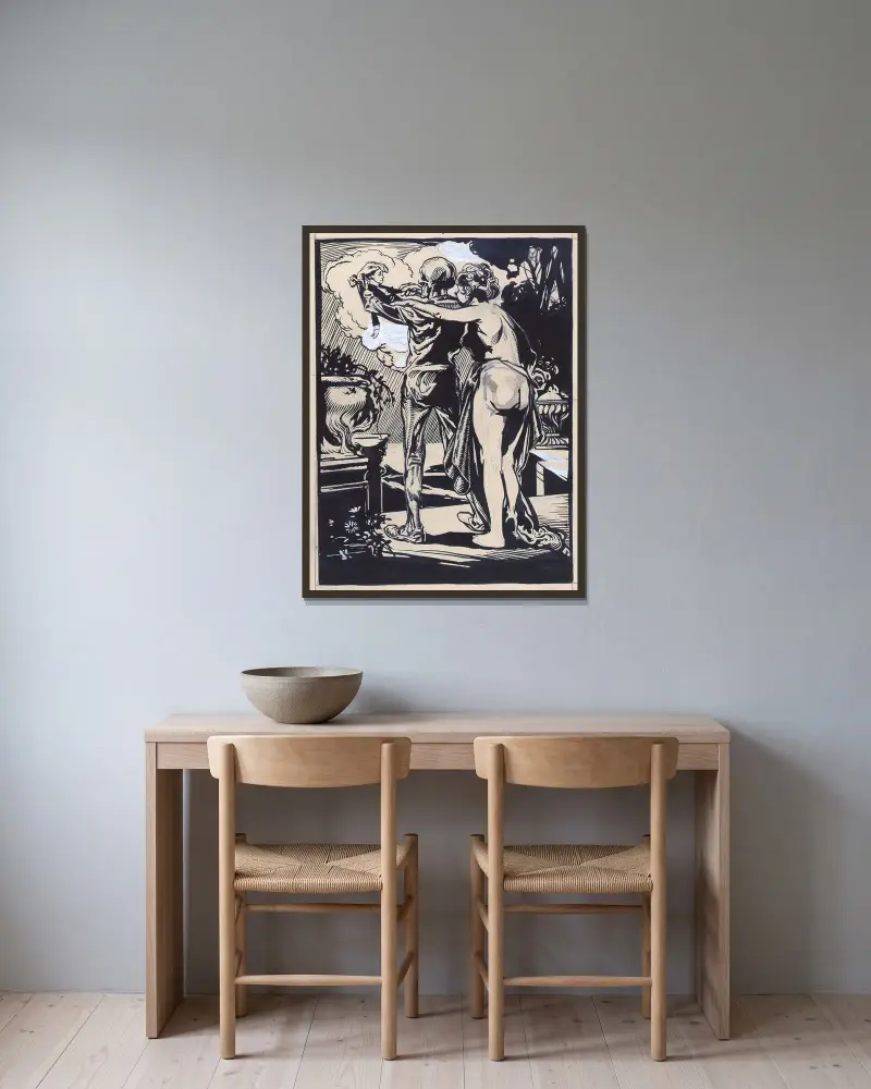Döden med en marionett och en naken kvinna av Johannes Josephus Aarts inramad på en vägg