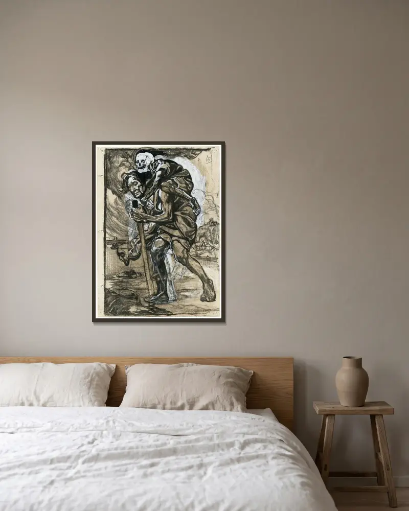 Man vadande genom vatten med skelett på ryggen av Johannes Josephus Aarts inramad på en vägg