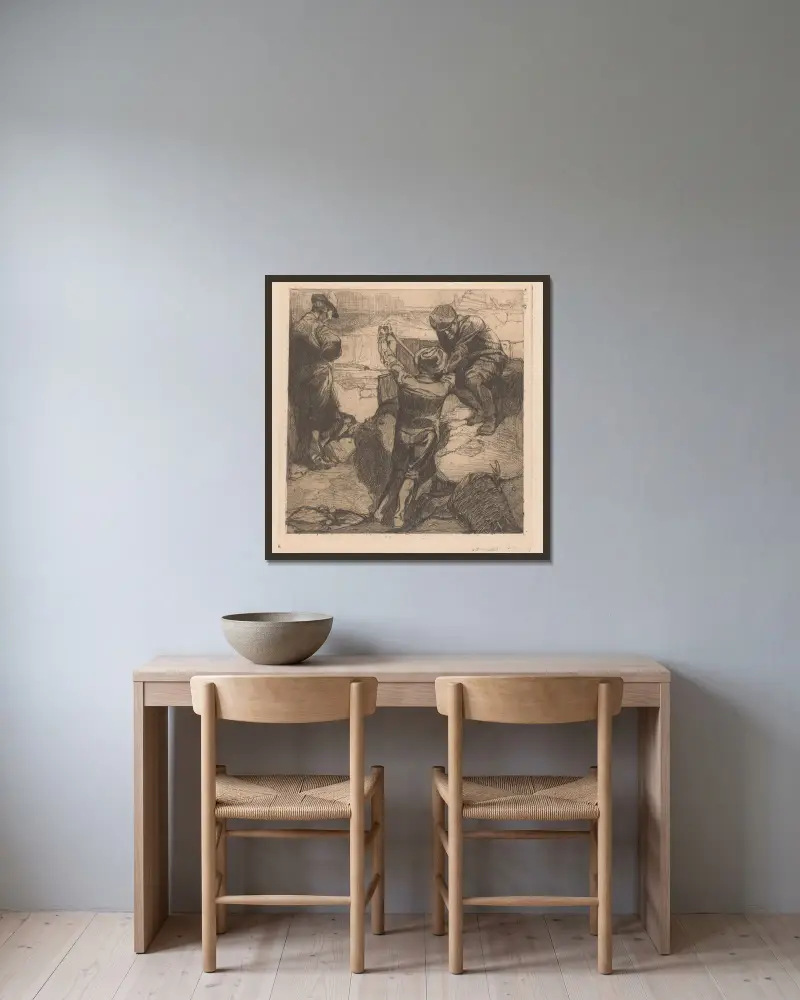 Drei Arbeiter bei der Arbeit von Johannes Josephus Aarts gerahmt an einer Wand