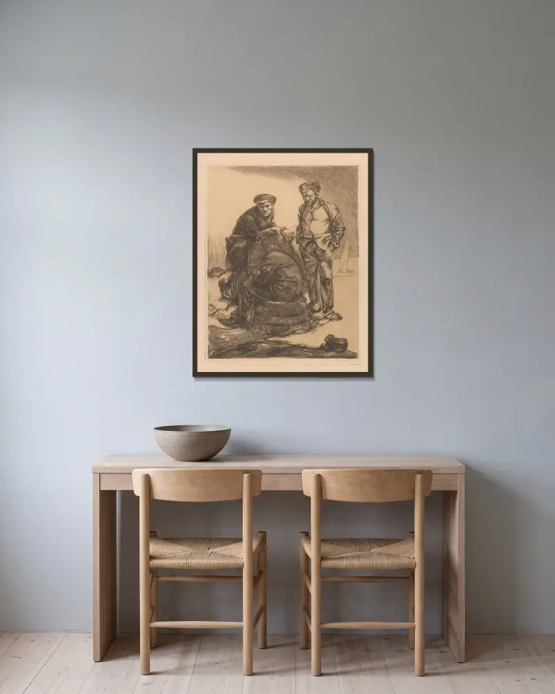 Tre arbetare med keps av Johannes Josephus Aarts inramad på en vägg