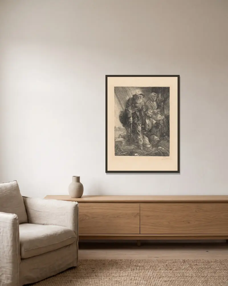 Drei Bettler bei einem Baum von Johannes Josephus Aarts gerahmt an einer Wand