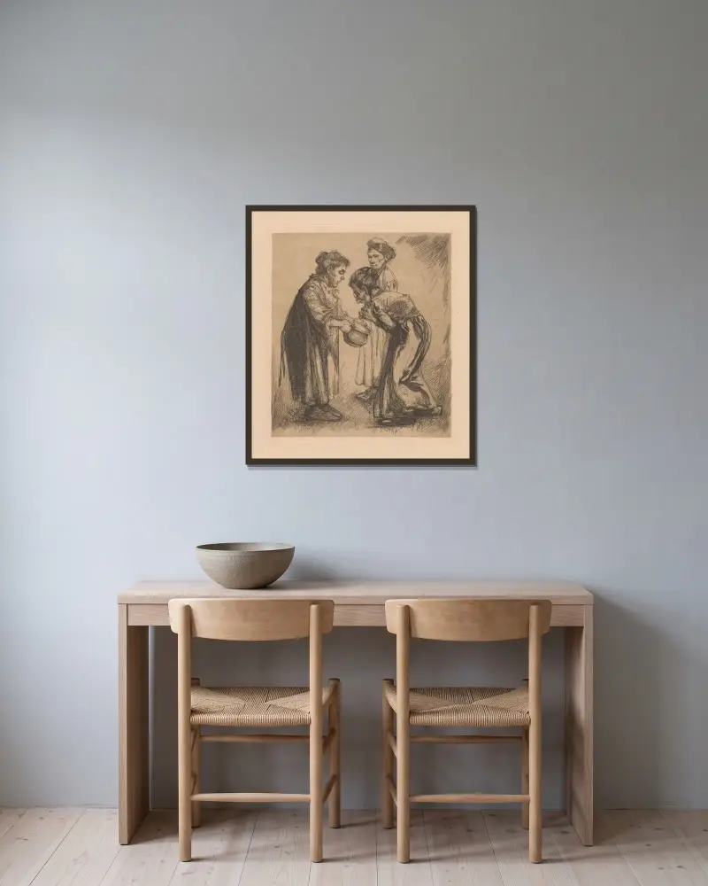Drei Frauen mit Topf von Johannes Josephus Aarts gerahmt an einer Wand