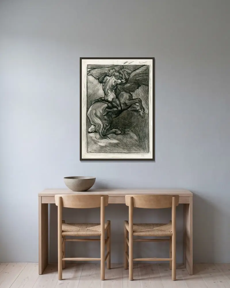 Strid mellan bevingad kentaur och man av Johannes Josephus Aarts inramad på en vägg