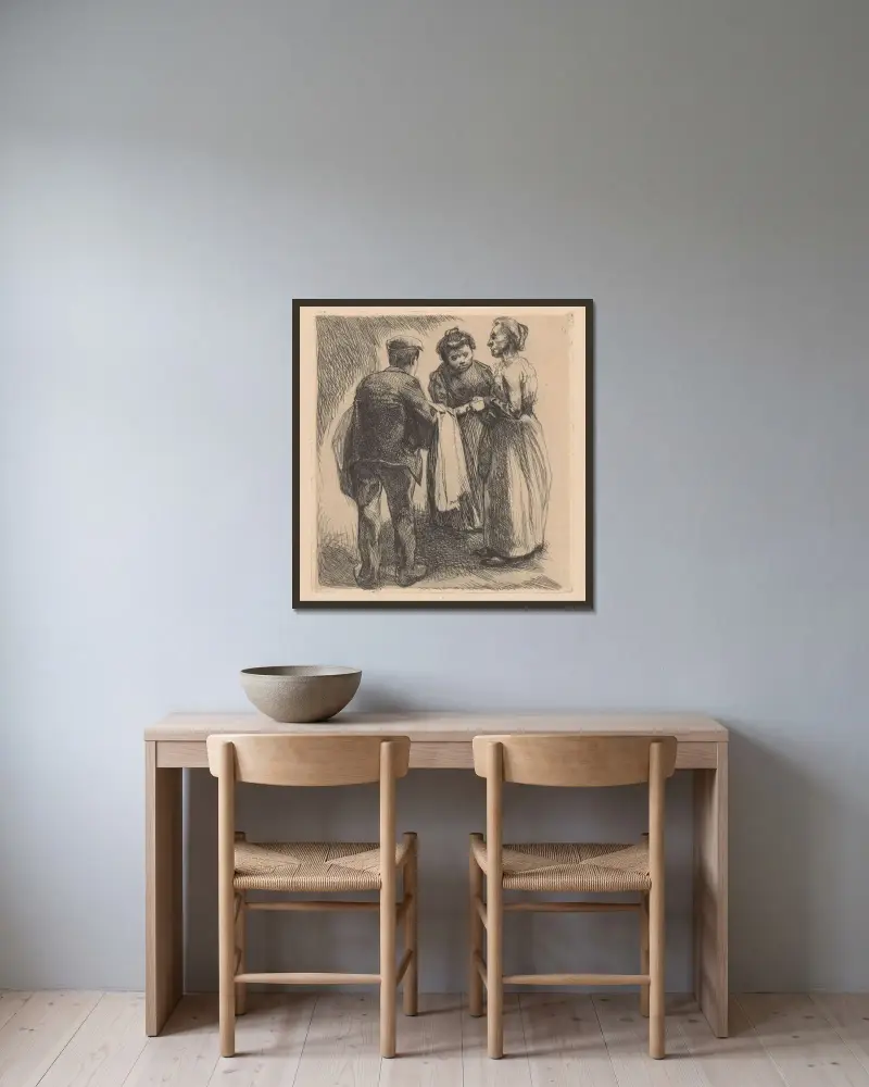 Grupp av två kvinnor och en man av Johannes Josephus Aarts inramad på en vägg