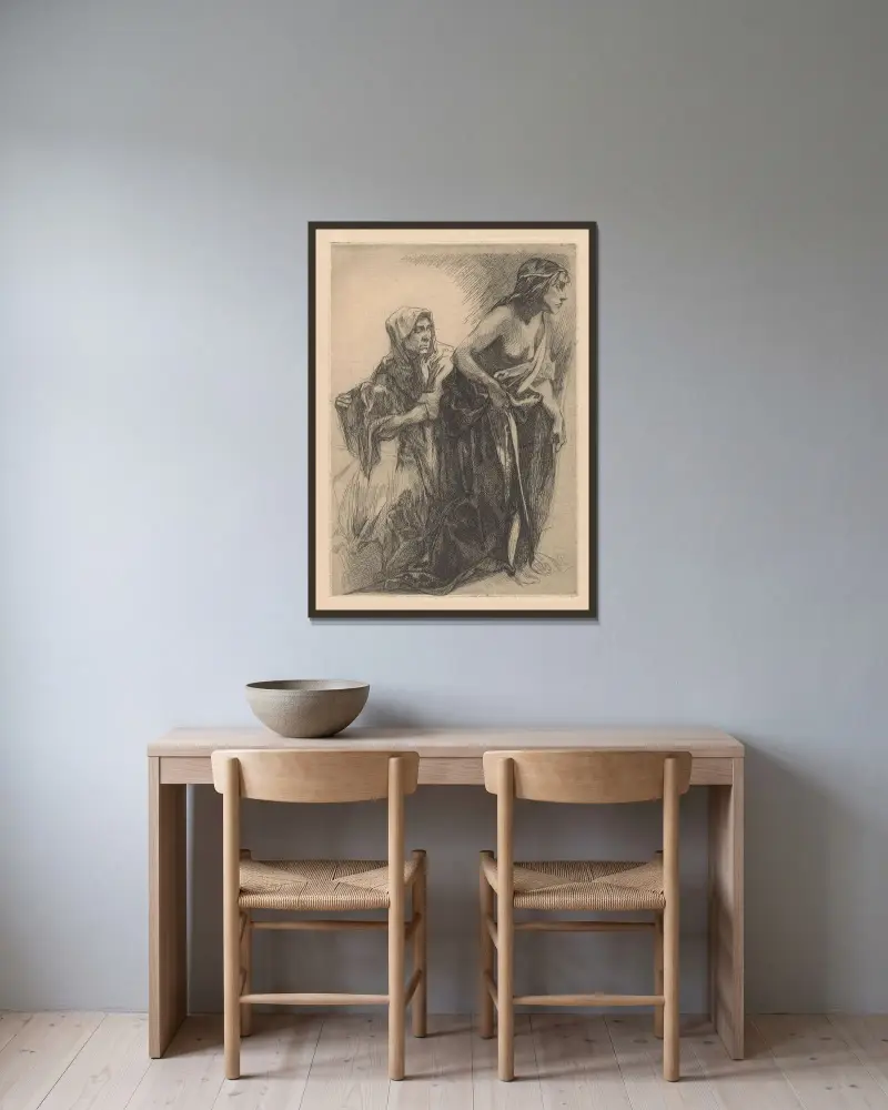 Judith med sin tjänsteflicka och Holofernes huvud av Johannes Josephus Aarts inramad på en vägg