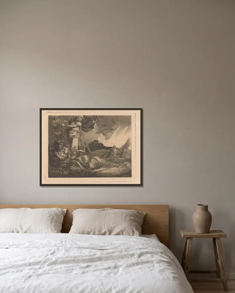 Landschap met korenveld, maaiers, sater en vrouwenfiguren av Johannes Josephus Aarts inramad på en vägg