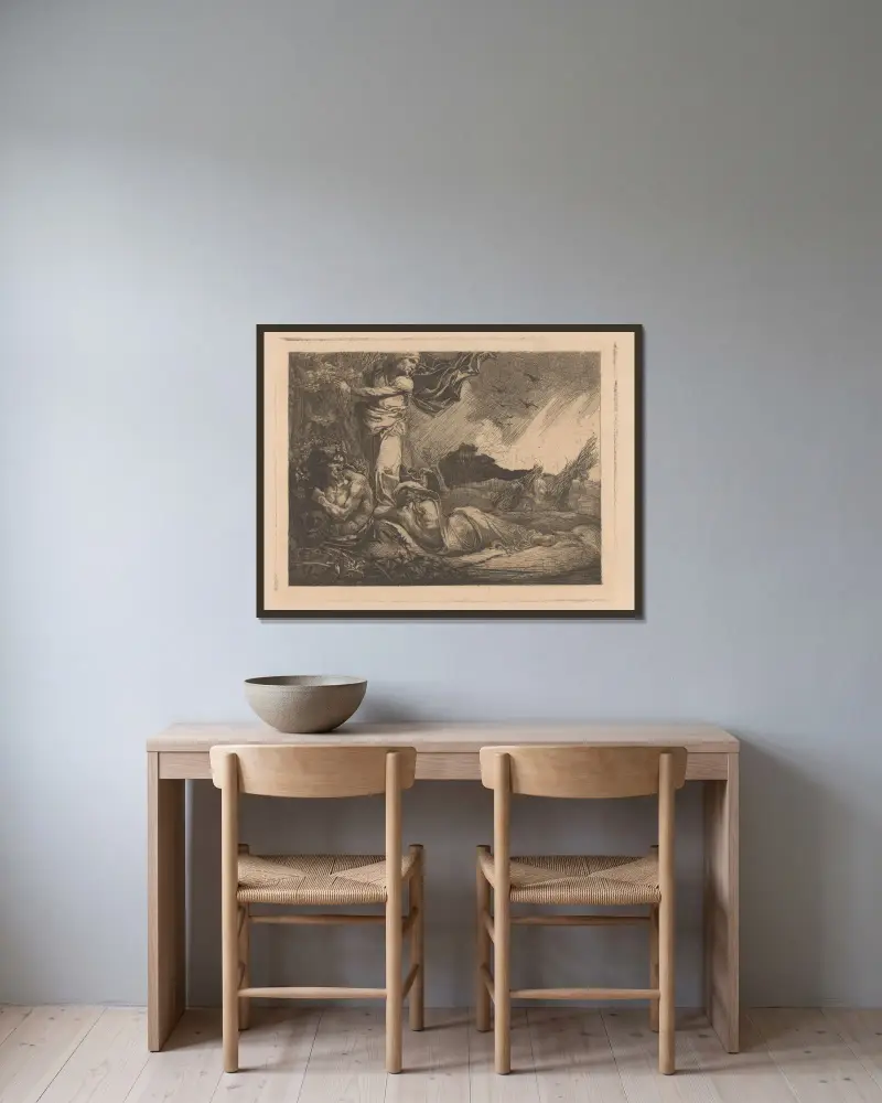 Landschap met korenveld, maaiers, sater en vrouwenfiguren av Johannes Josephus Aarts inramad på en vägg