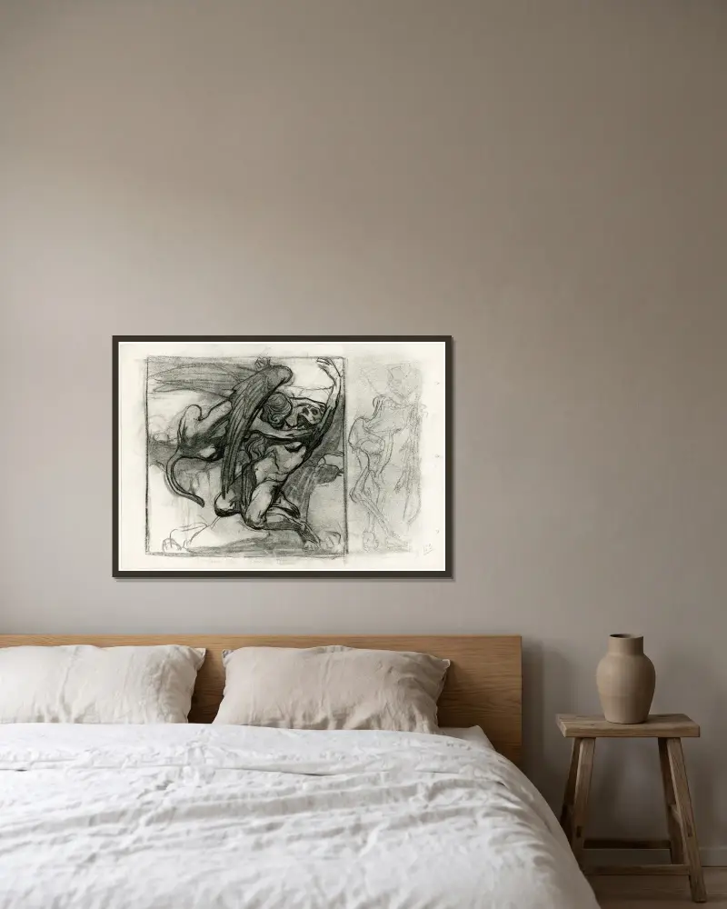 Man med sfinx, till höger ett skelett av Johannes Josephus Aarts inramad på en vägg
