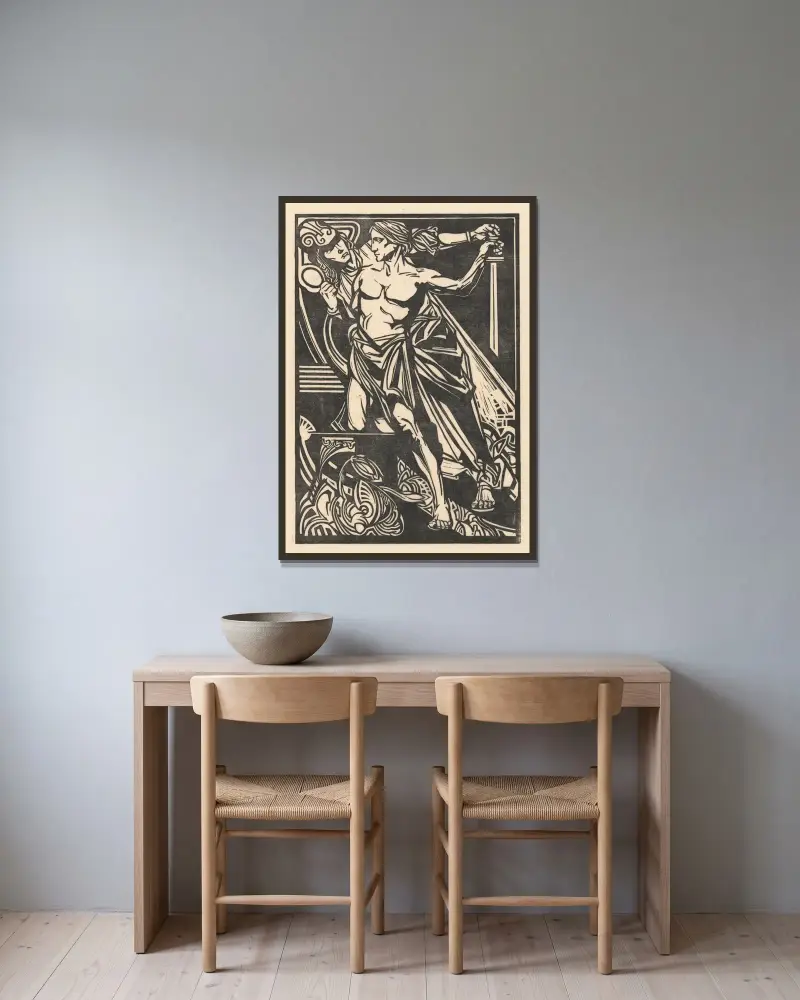 Man och kvinna med svärd och spegel av Johannes Josephus Aarts inramad på en vägg