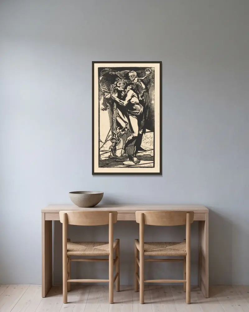 Man med döden på ryggen av Johannes Josephus Aarts inramad på en vägg