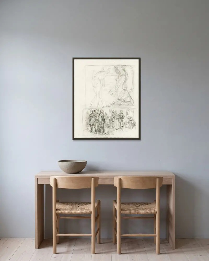 Tal till en grupp figurer i interiör, man och sfinx av Johannes Josephus Aarts inramad på en vägg
