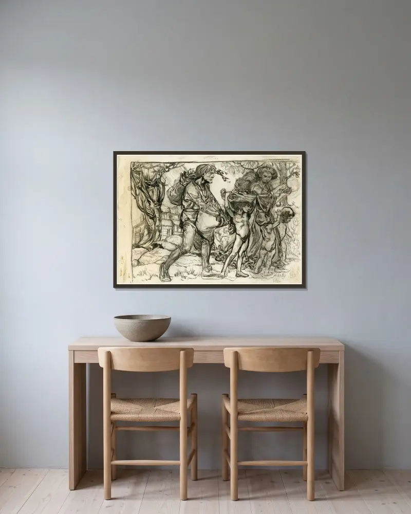Man, kvinna och 3 barn med frukt av Johannes Josephus Aarts inramad på en vägg