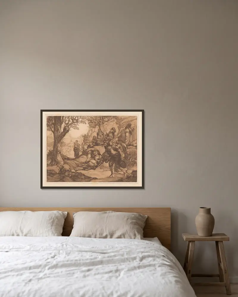 Mannen, kvinnorna och barnen i kuperat landskap av Johannes Josephus Aarts inramad på en vägg