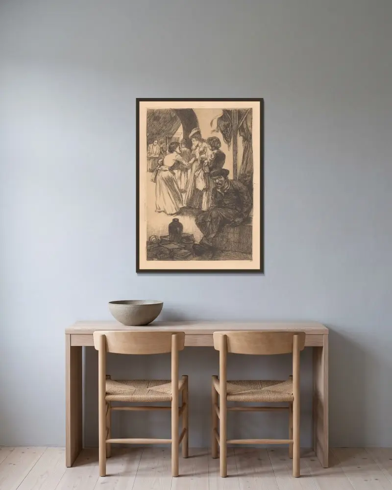 Marknadsscen med samtalande kvinnor av Johannes Josephus Aarts inramad på en vägg
