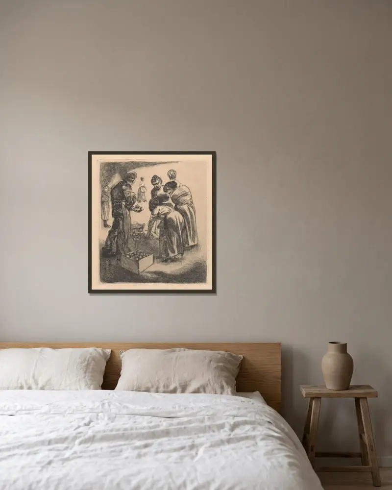 Marknadsscen med fruktförsäljare av Johannes Josephus Aarts inramad på en vägg