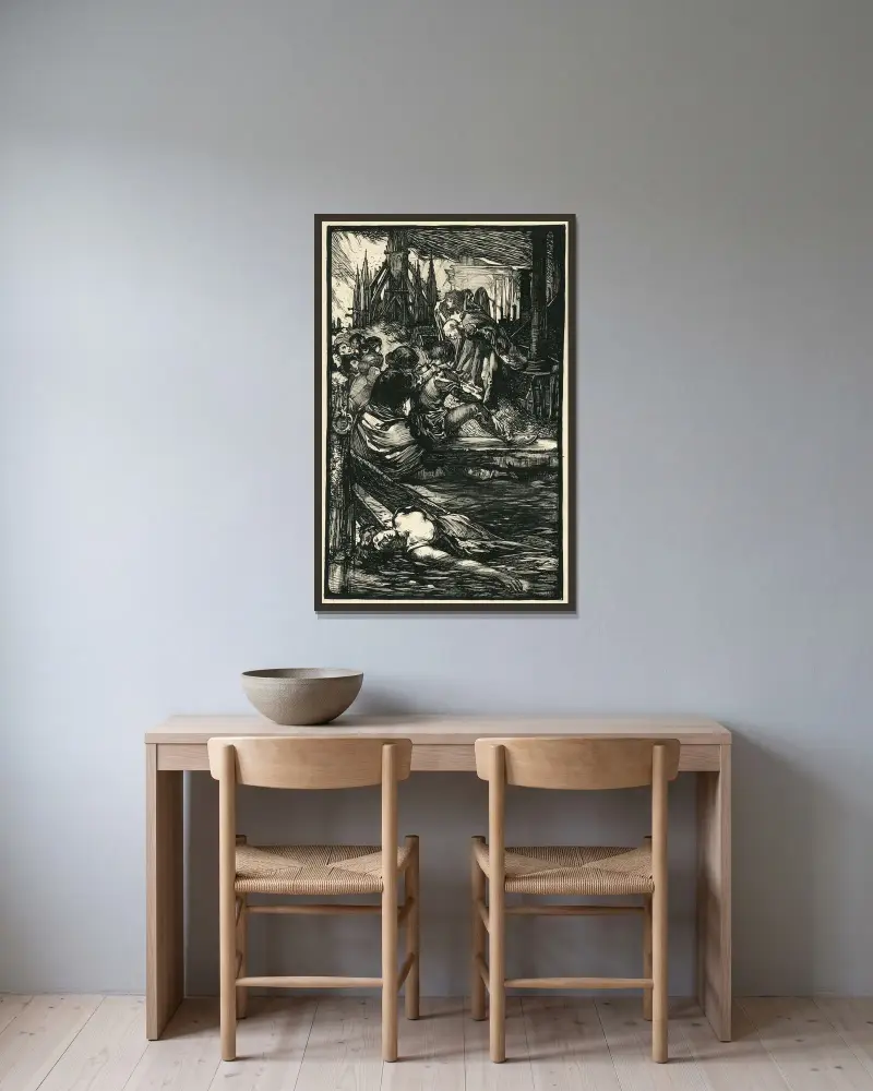 Människor som släpar en död vid vattnets strand av Johannes Josephus Aarts inramad på en vägg