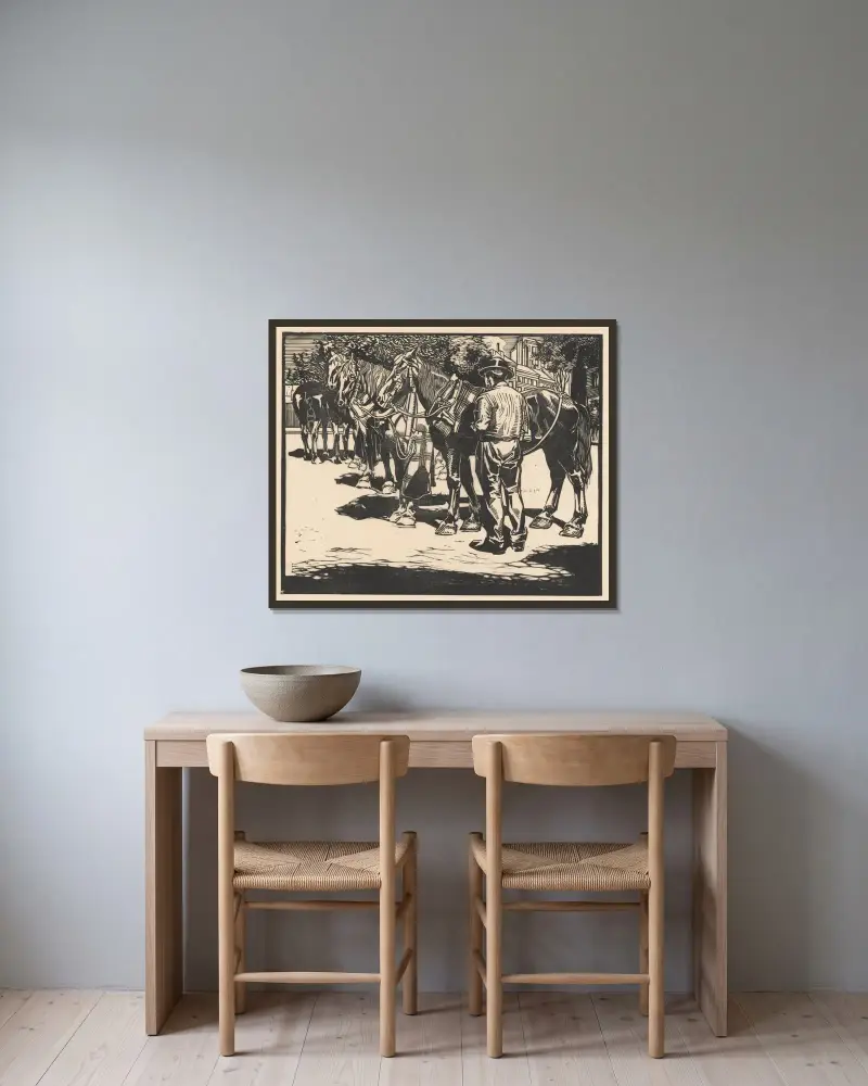 Ridhästar på en öppen plats av Johannes Josephus Aarts inramad på en vägg