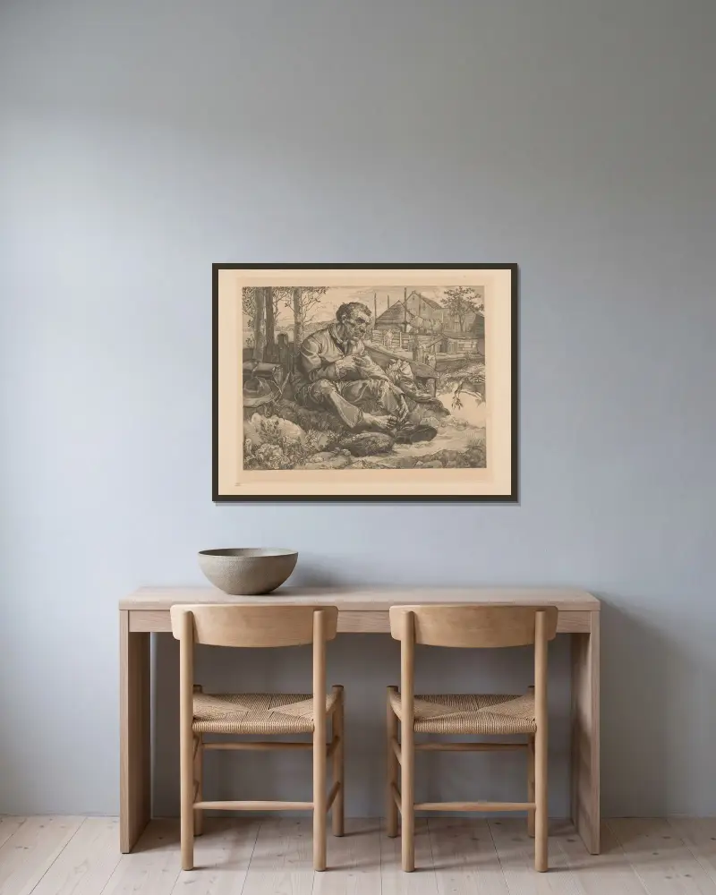 Rustende man vid bondgård av Johannes Josephus Aarts inramad på en vägg