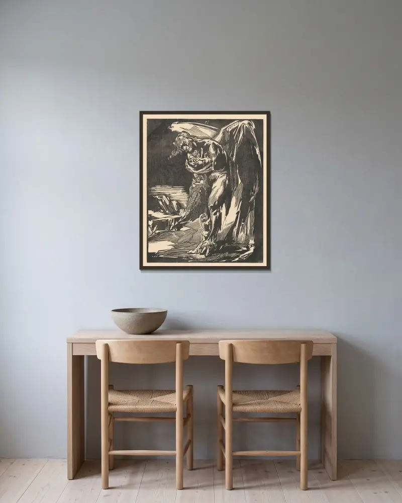 Satan med figuren i sina armar av Johannes Josephus Aarts inramad på en vägg