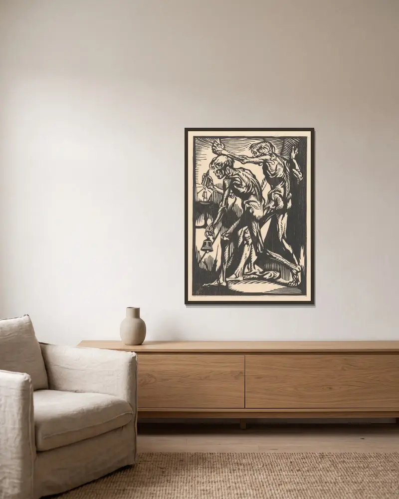 Två nakna mansfigurer med skälla och ljussläckare av Johannes Josephus Aarts inramad på en vägg