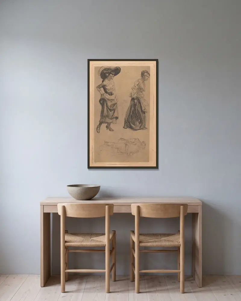 Två kvinnofigurer och en mansfigur av Johannes Josephus Aarts inramad på en vägg