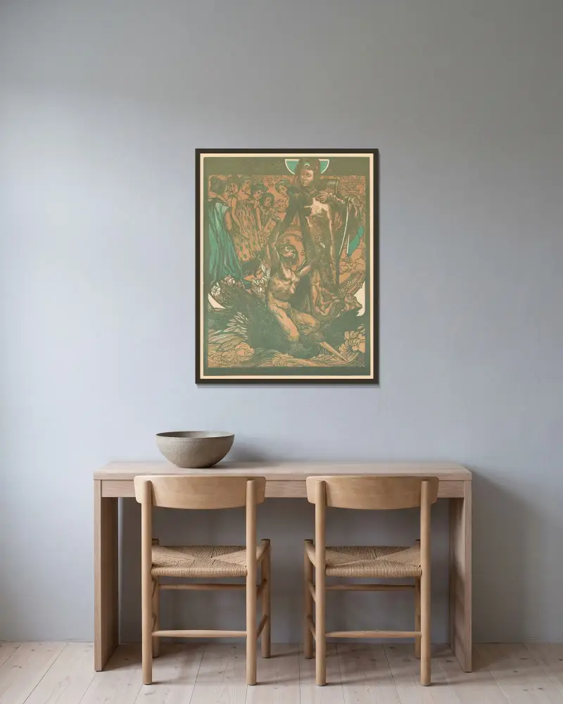 Kvinnofigurer med man på ryggen av en fågel av Johannes Josephus Aarts inramad på en vägg