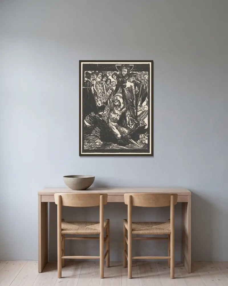 Frauenfiguren mit einem Mann auf dem Rücken eines Vogels von Johannes Josephus Aarts gerahmt an einer Wand