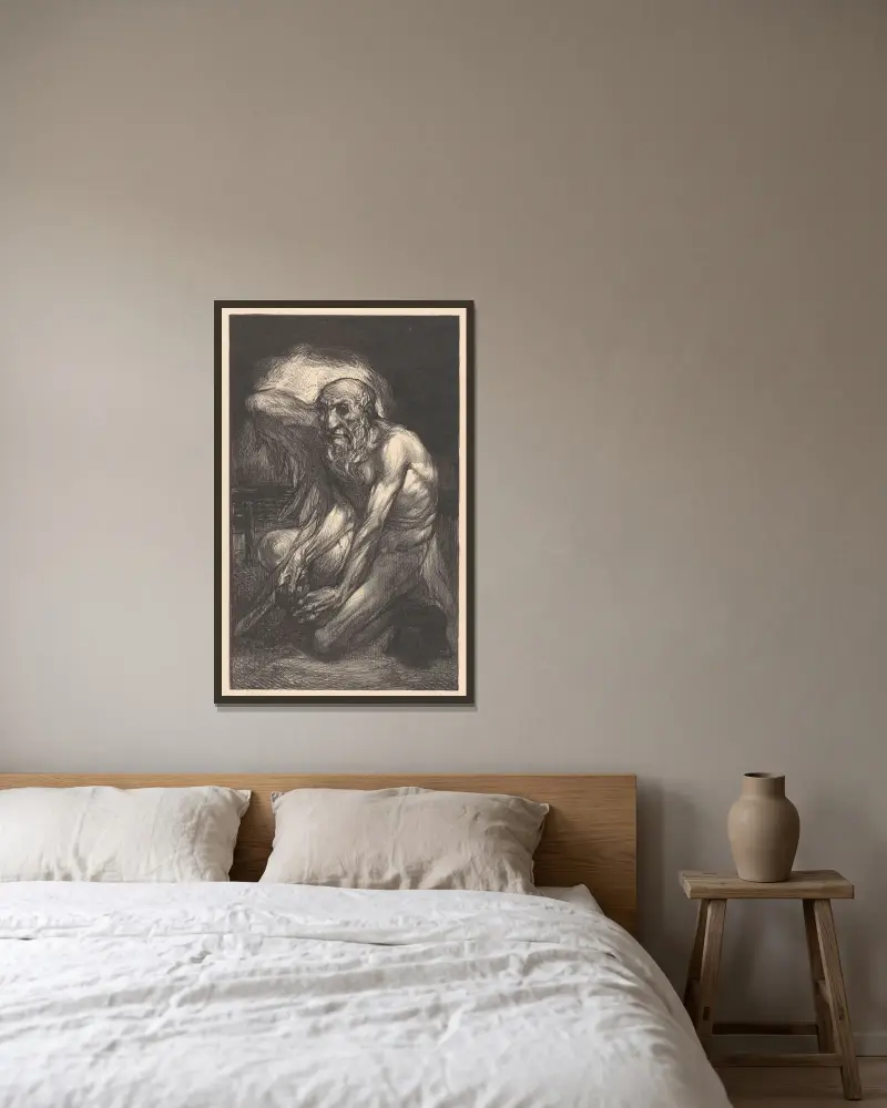 Sittande skäggig man med vingar av Johannes Josephus Aarts inramad på en vägg