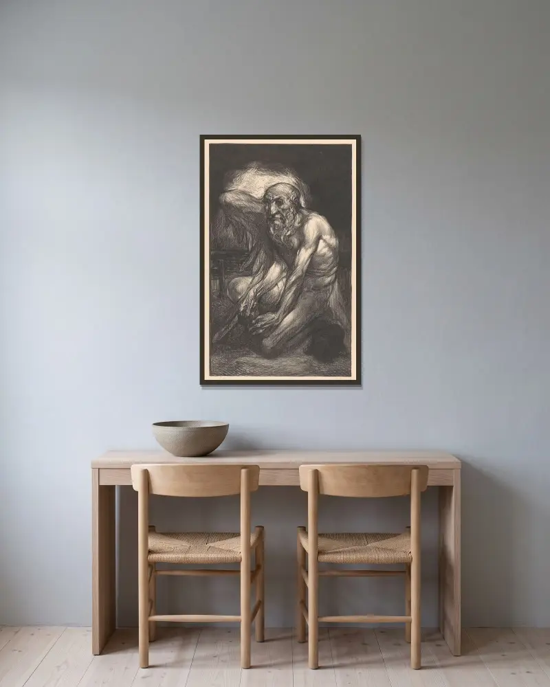 Sittande skäggig man med vingar av Johannes Josephus Aarts inramad på en vägg