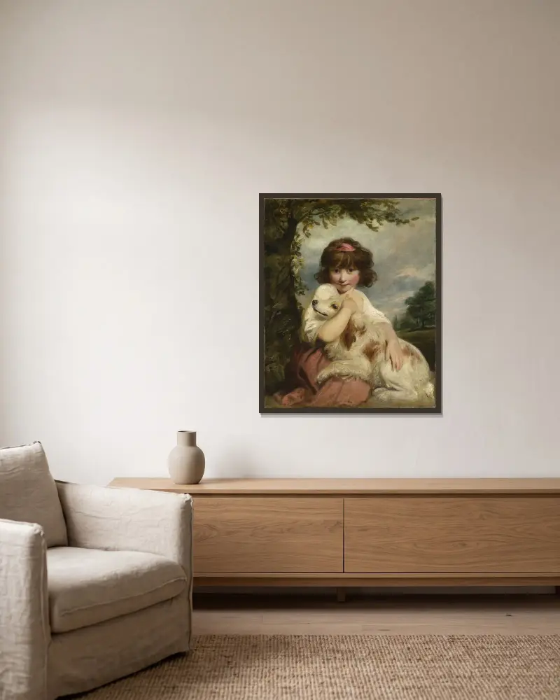 Ein junges Mädchen und ihr Hund von Sir Joshua Reynolds gerahmt an einer Wand