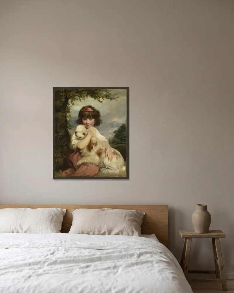 Ein junges Mädchen und ihr Hund von Sir Joshua Reynolds gerahmt an einer Wand