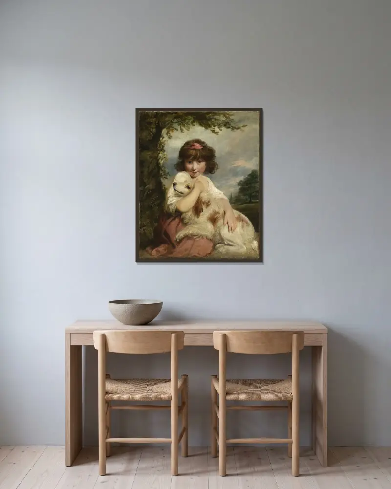Ein junges Mädchen und ihr Hund von Sir Joshua Reynolds gerahmt an einer Wand