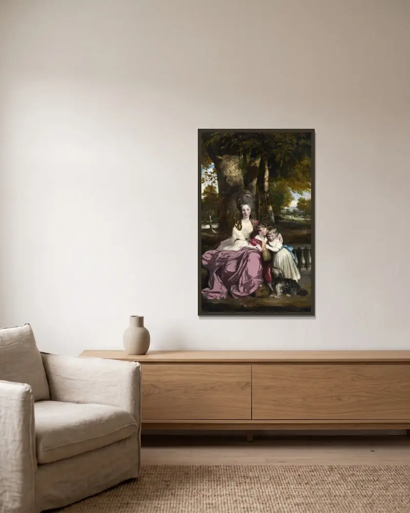 Lady Elizabeth Delmé och hennes barn av Sir Joshua Reynolds inramad på en vägg