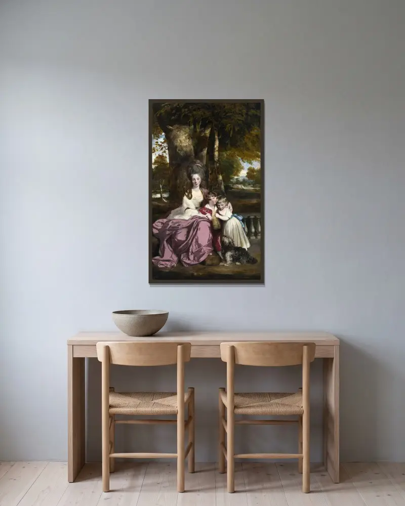 Lady Elizabeth Delmé och hennes barn av Sir Joshua Reynolds inramad på en vägg