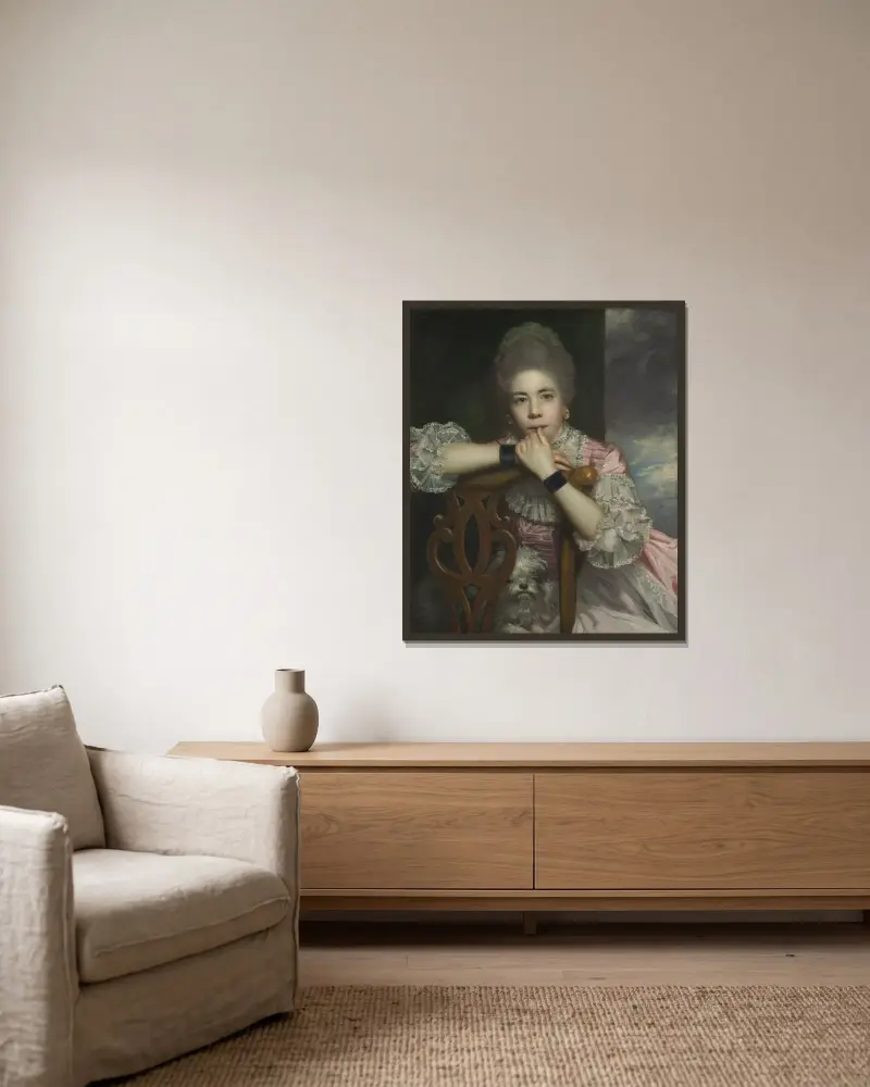 Mrs. Abington som Miss Prue i 'Love for Love' av William Congreve av Sir Joshua Reynolds inramad på en vägg